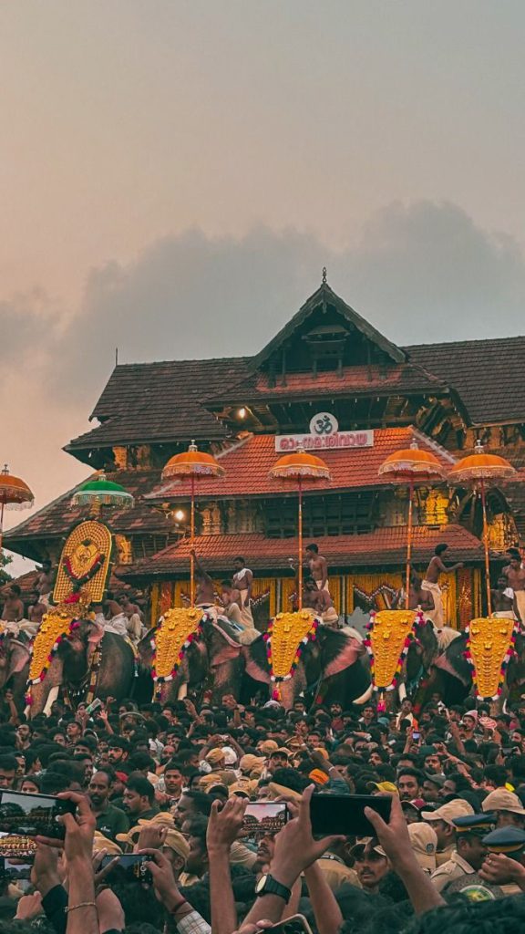 Thrissur Pooram festival with decorated elephants
